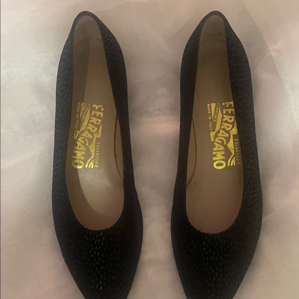 Salvatore Ferragamo Black Textured Flats
